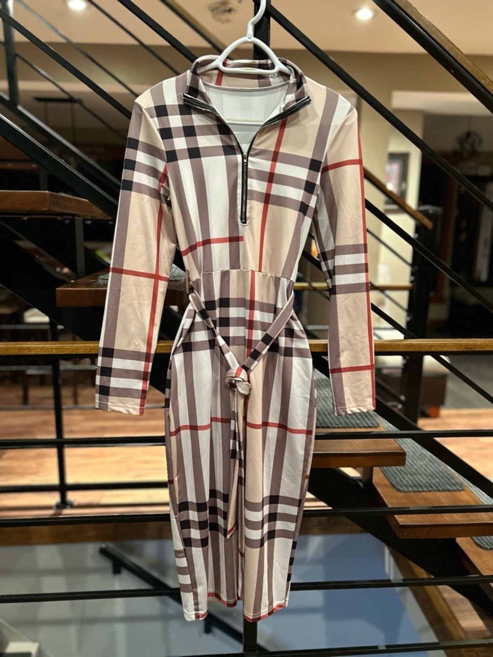 Plaid Zip-Neck Long Sleeve Dress with Tie Waist - Beige/Red